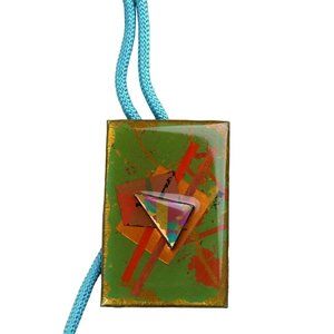 90s Memphis Style Bolo Tie OOAK Artist Signed Abstract Art Gold Green Collage